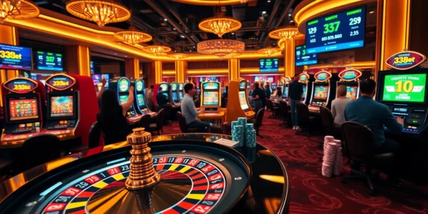 Experience the excitement of 333bet with a lively casino scene showcasing roulette and slot machines.