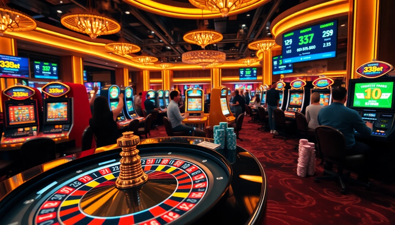 Experience the excitement of 333bet with a lively casino scene showcasing roulette and slot machines.
