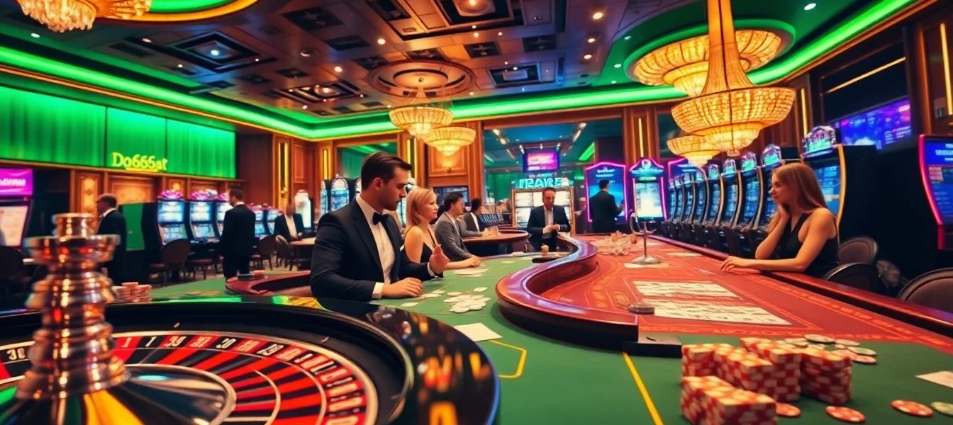 Experience the thrill of betting at https://do666.at with vibrant casino scenes of poker tables, roulette wheels, and excitement.
