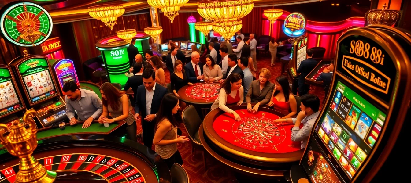 Players engaging in thrilling games at the 88i casino with lively excitement and luxury.