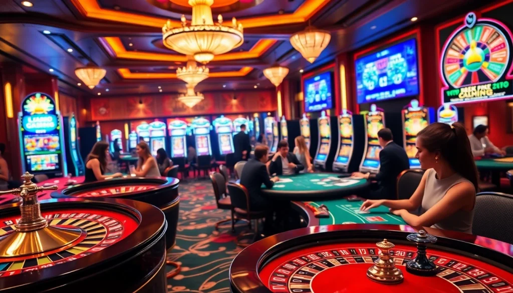 Action-packed atmosphere at a casino français sans kyc with vibrant gaming tables and players engaged in thrilling games.