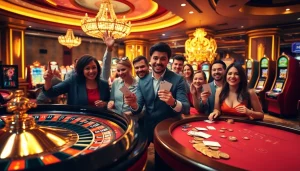 Experience the excitement of winning at 555 win with lively casino tables and happy gamblers.