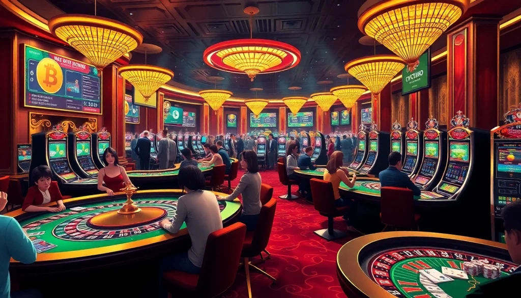 Engaged players enjoying the excitement of crypto casinos with poker chips and roulette.