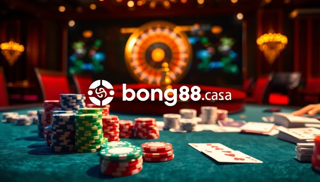 Engage in thrilling gameplay at https://bong88.casa/ with vibrant poker chips and a live dealer.