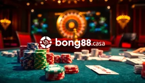 Engage in thrilling gameplay at https://bong88.casa/ with vibrant poker chips and a live dealer.