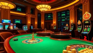 Exciting gameplay at crypto casinos with poker chips and a roulette wheel in a luxurious setting.