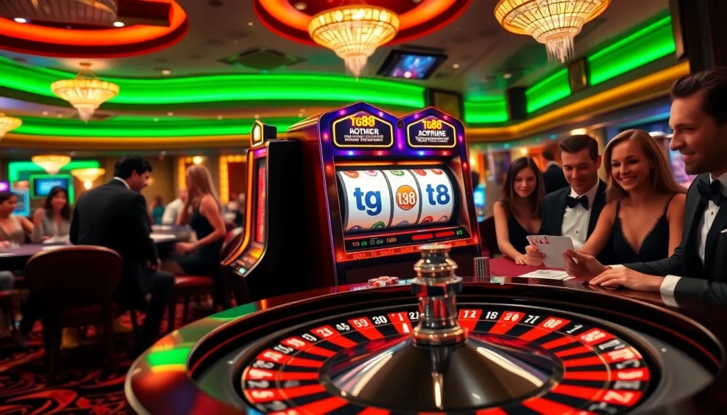 Tg88 slot machine in a luxurious casino scene showcasing players enjoying various games.