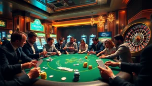Scène captivante de joueurs profitant des jeux dans des casinos crypto avec des jetons de poker et des machines à sous néon.