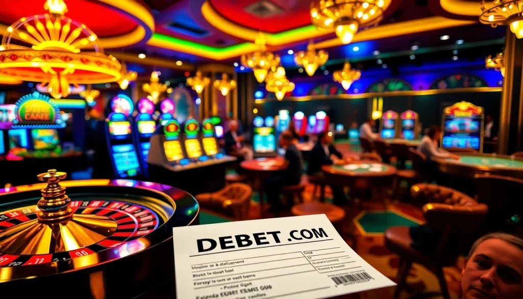 Experience the thrill of casino gaming with DEBET COM showcasing vibrant roulette wheels and enthusiastic players.
