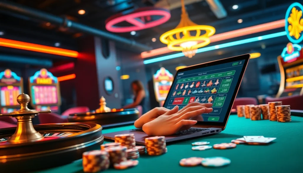 Engaging in a thrilling site de pari en ligne experience with vibrant casino elements, including poker chips and roulette wheels.