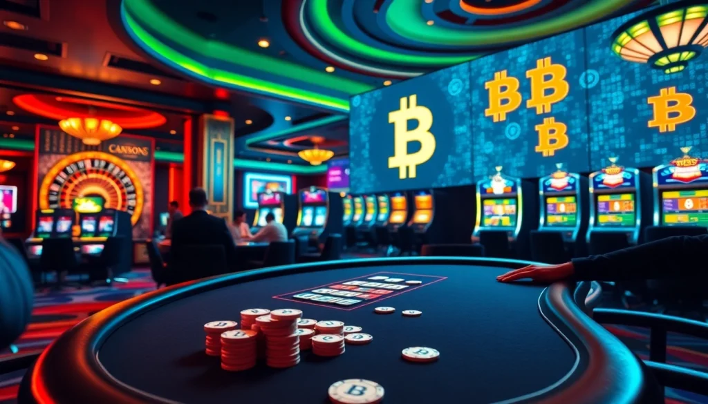 Experience the thrill of Bitcoin casinos with poker chips and a spinning roulette wheel.