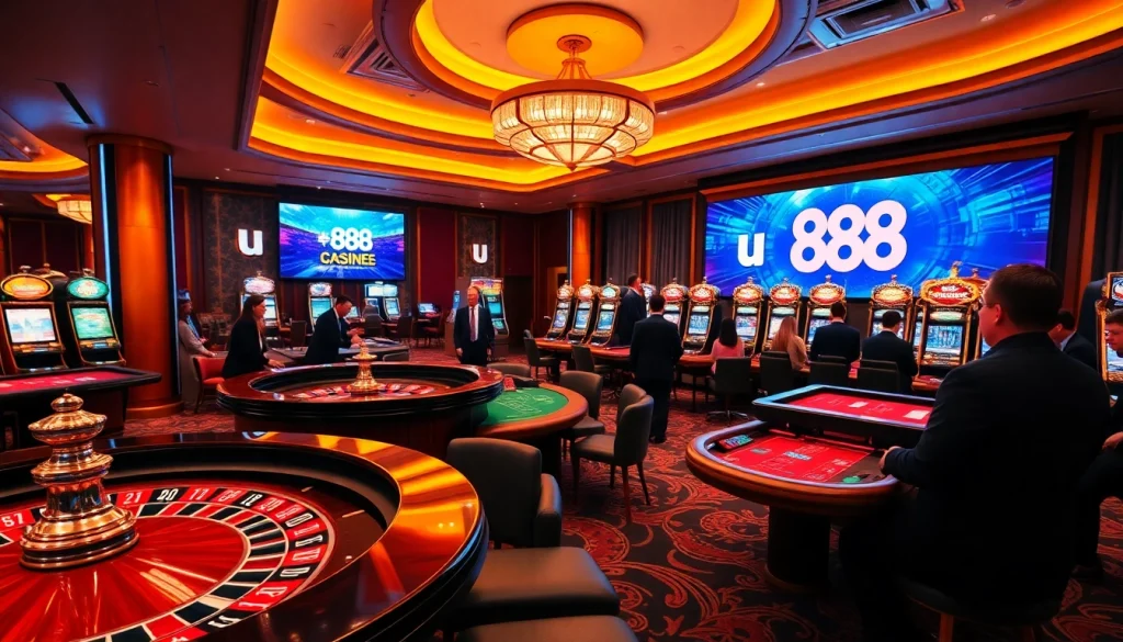 Players enjoying a thrilling game at u 888 casino with vibrant slot machines and roulette wheels.