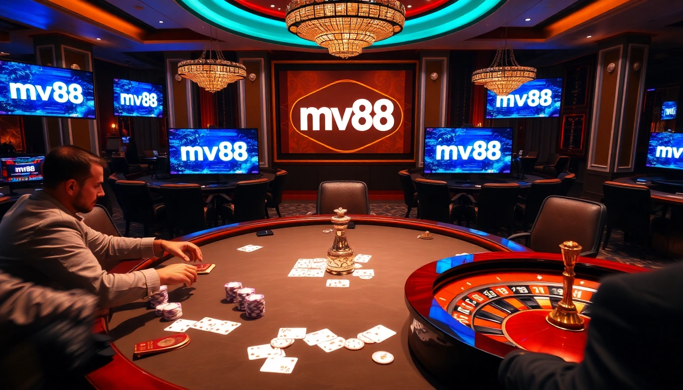 Players at a luxury casino table with poker chips and cards, experiencing mv88 thrills.