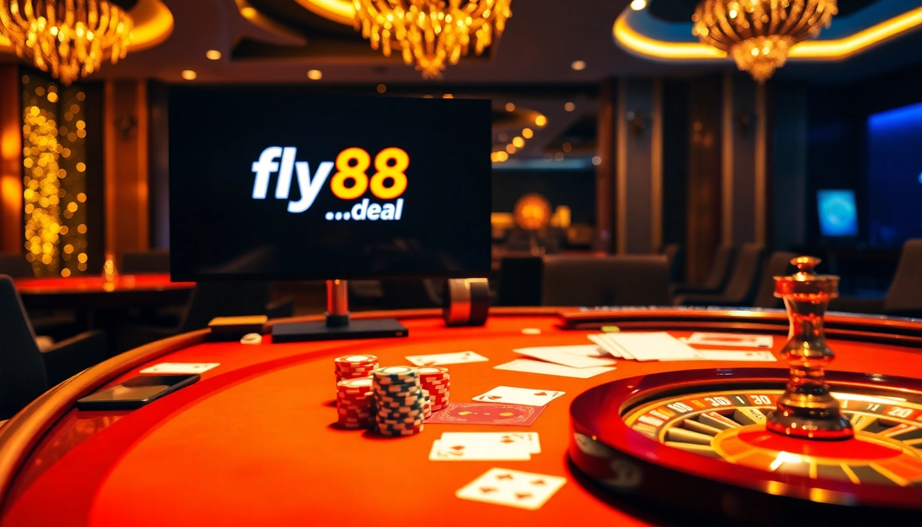 Engage in thrilling casino action at fly88.deal with poker chips and roulette wheel