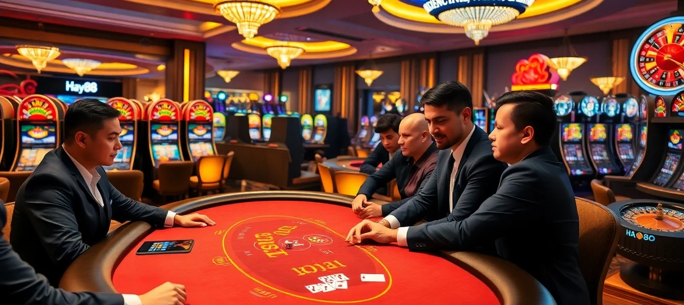 Experience the thrill of gambling at Hay88 with vibrant casino tables and engaging players.