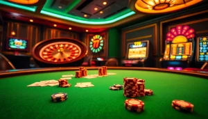 Engaging gameplay at 789 club with vibrant poker chips and a roulette wheel in a luxurious setting.