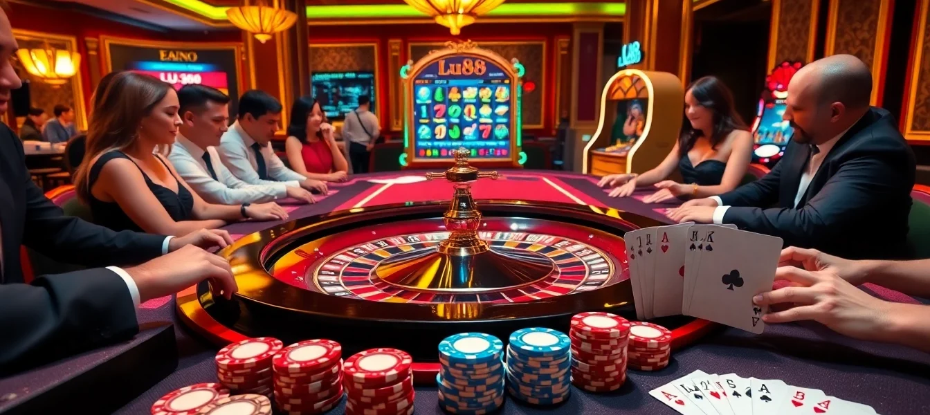 Experience thrilling gaming at Lu88 with a luxurious casino environment featuring roulette, poker, and slot machines.