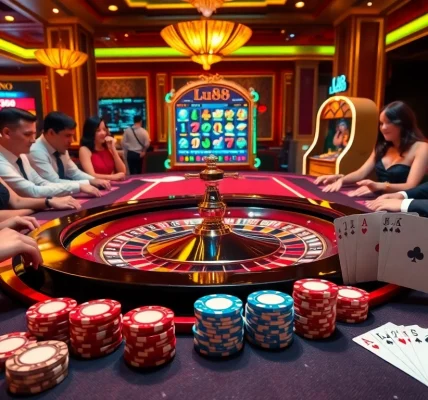 Experience thrilling gaming at Lu88 with a luxurious casino environment featuring roulette, poker, and slot machines.