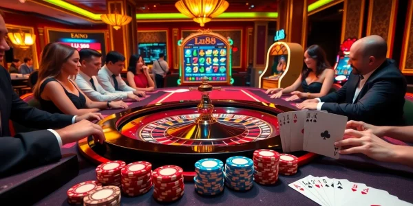 Experience thrilling gaming at Lu88 with a luxurious casino environment featuring roulette, poker, and slot machines.