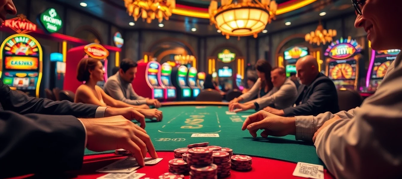 Players enjoying a thrilling poker game at KKWIN Casino, surrounded by vibrant gambling elements.