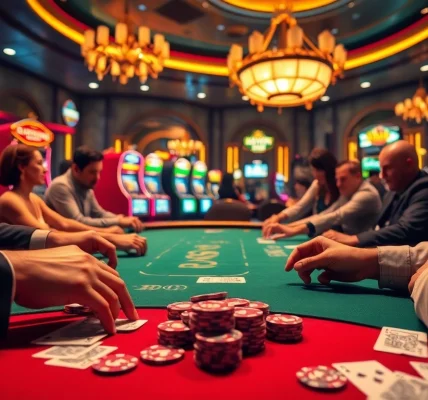 Players enjoying a thrilling poker game at KKWIN Casino, surrounded by vibrant gambling elements.