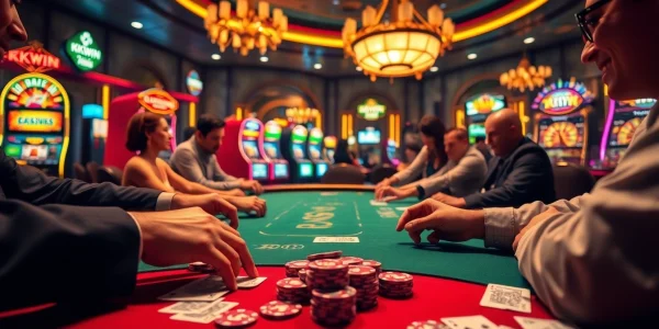 Players enjoying a thrilling poker game at KKWIN Casino, surrounded by vibrant gambling elements.