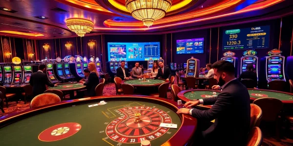 Experience the excitement at Du88 with vibrant casino games featuring players at roulette and poker tables.