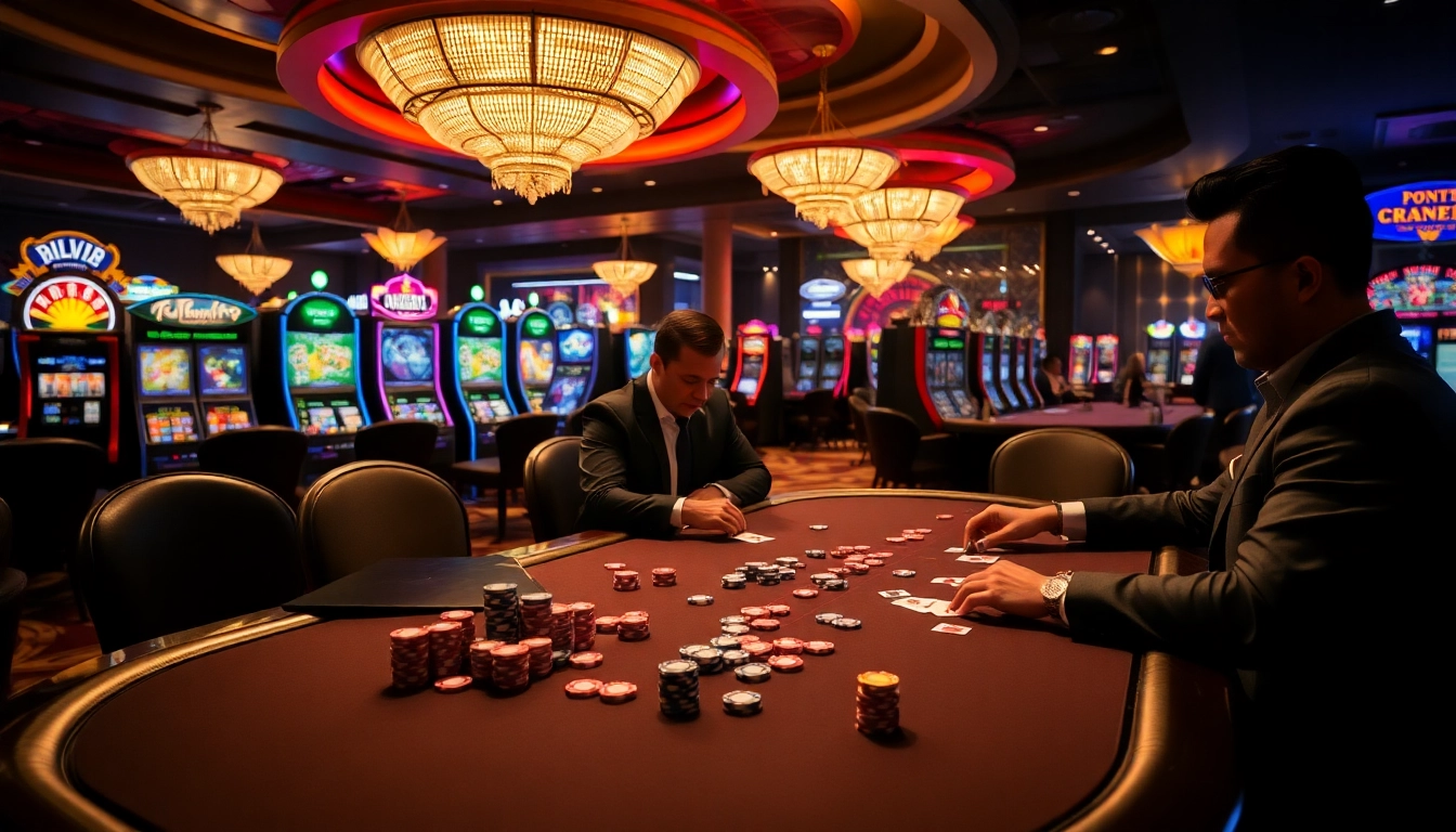 Engaging poker players at a rikvip casino table amid colorful chips and a thrilling atmosphere.