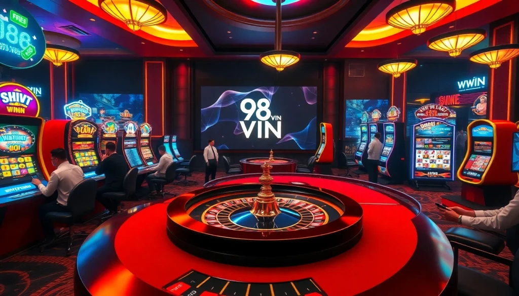 A thrilling scene at the exciting 98win vin online casino featuring poker and roulette.