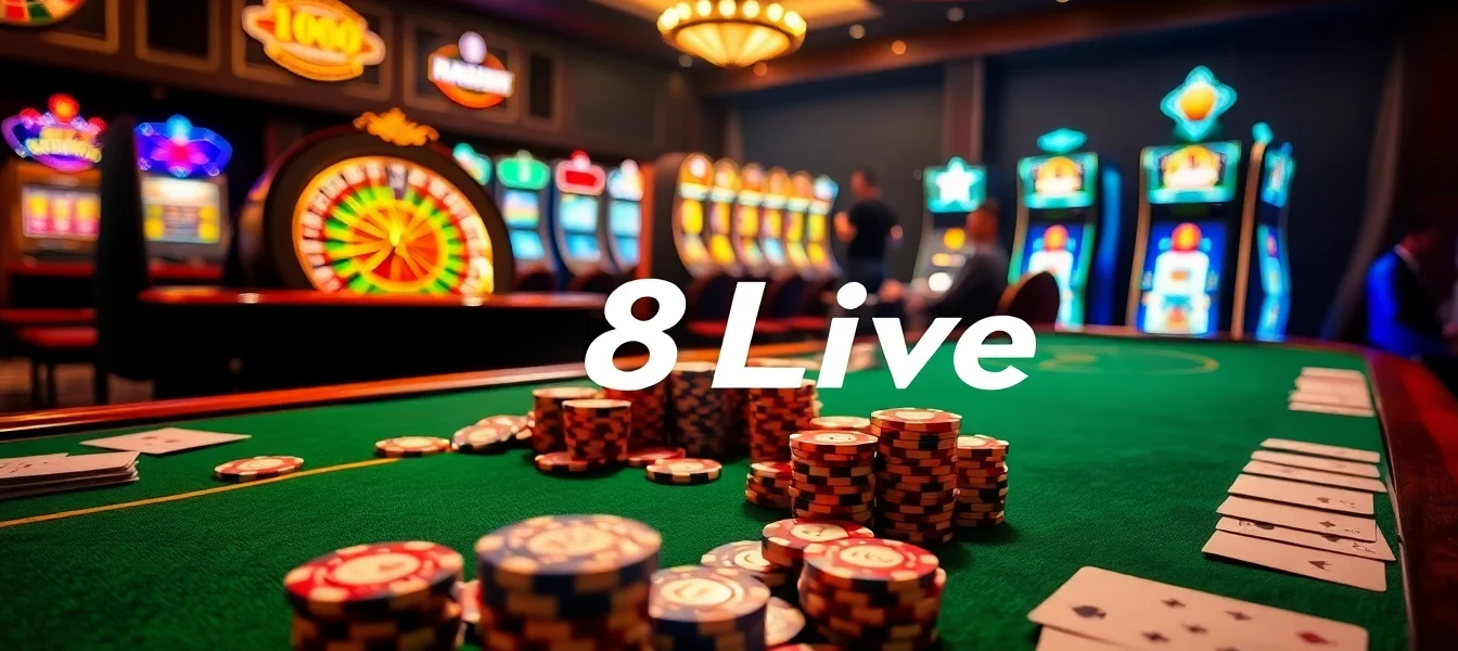Experience the thrill of gambling at 8Live's luxurious casino with vibrant tables and excited players.