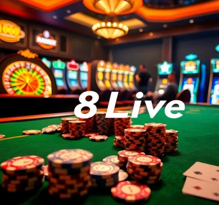 Experience the thrill of gambling at 8Live's luxurious casino with vibrant tables and excited players.