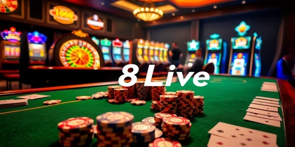 Experience the thrill of gambling at 8Live's luxurious casino with vibrant tables and excited players.