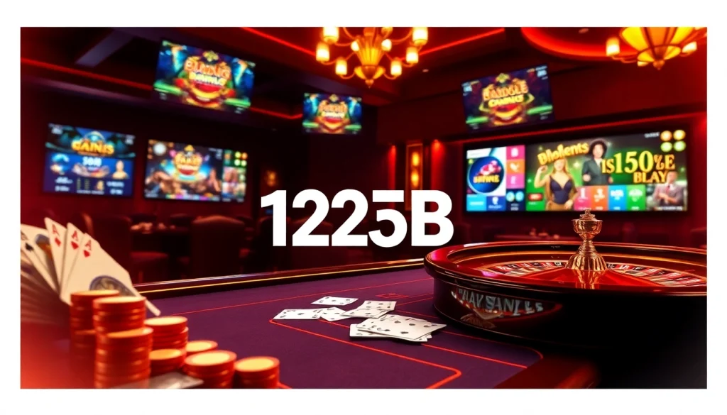 Exciting online casino gameplay featuring 123b's logo on bright casino tables.