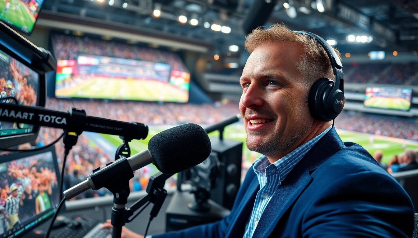 Commendable sports broadcasting setup highlighting a poised commentator amidst live sports action.