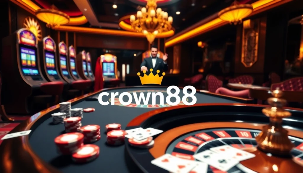 Crown88 players enjoy an engaging gaming experience at a luxurious casino table with cards and chips.