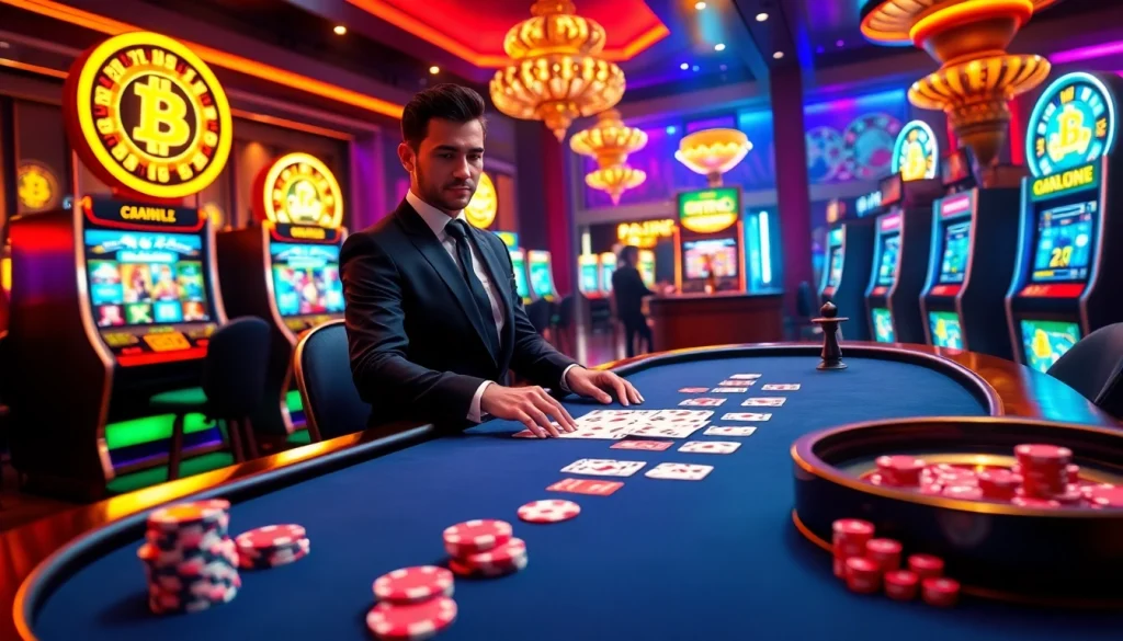 Engaging action at Bitcoin casinos, with poker chips and cards in a vibrant setting.