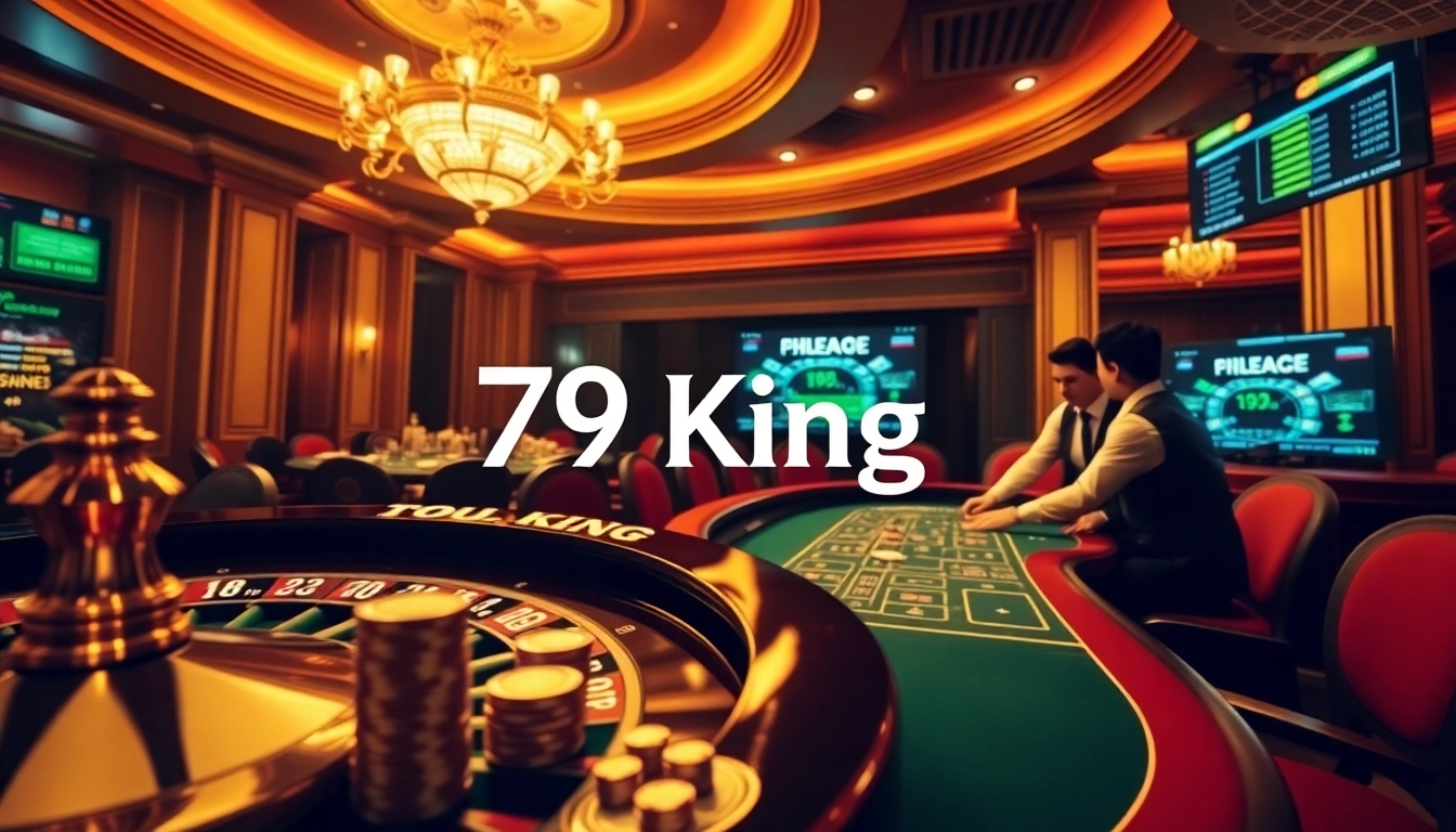 Engage with the thrill at 79 King casino, showcasing a blackjack table and roulette wheel in a luxurious setting.