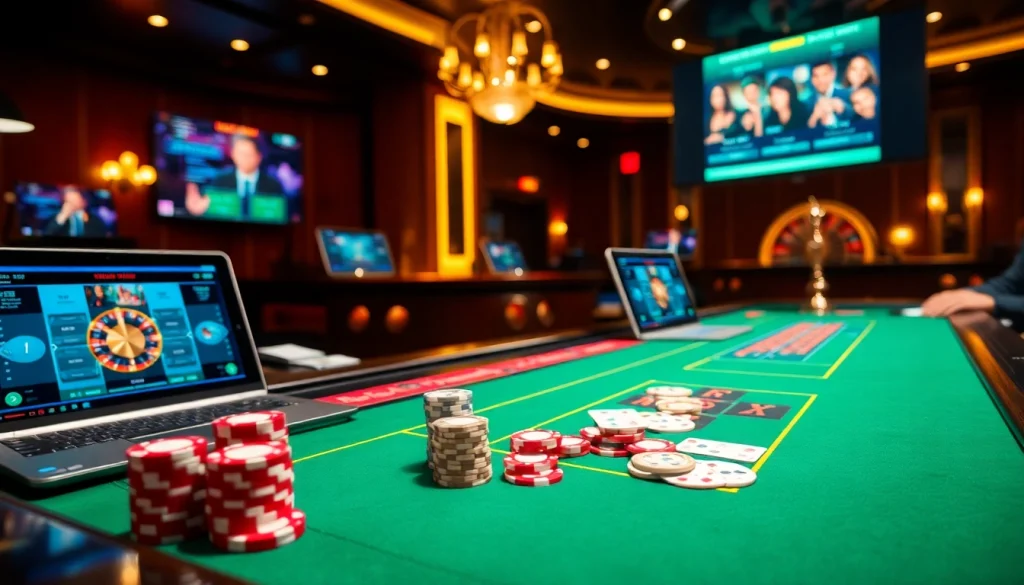 Live online casino experience displaying gamblers engaging at a table with professional dealers, showcasing casino live en ligne français.