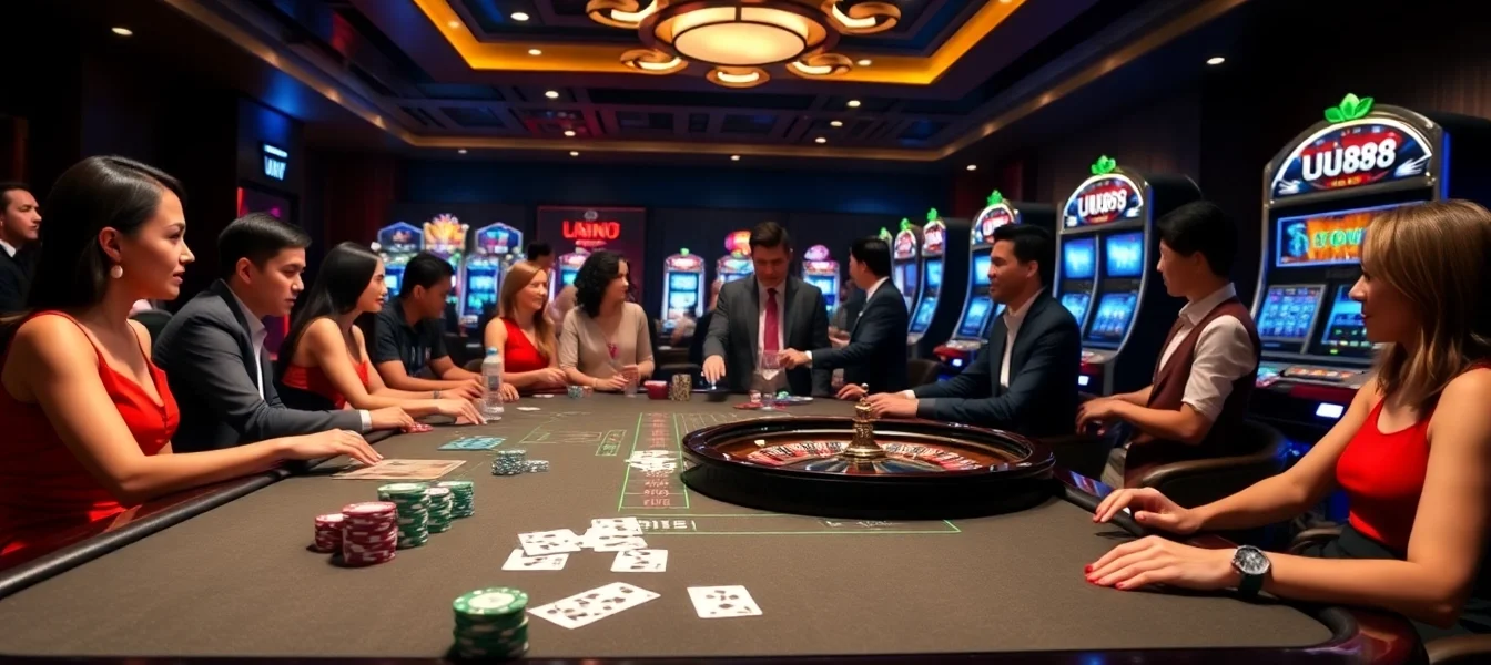 Players enjoying an exciting UU88 gaming experience at a luxurious casino table with poker elements.