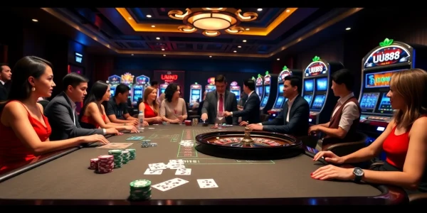 Players enjoying an exciting UU88 gaming experience at a luxurious casino table with poker elements.