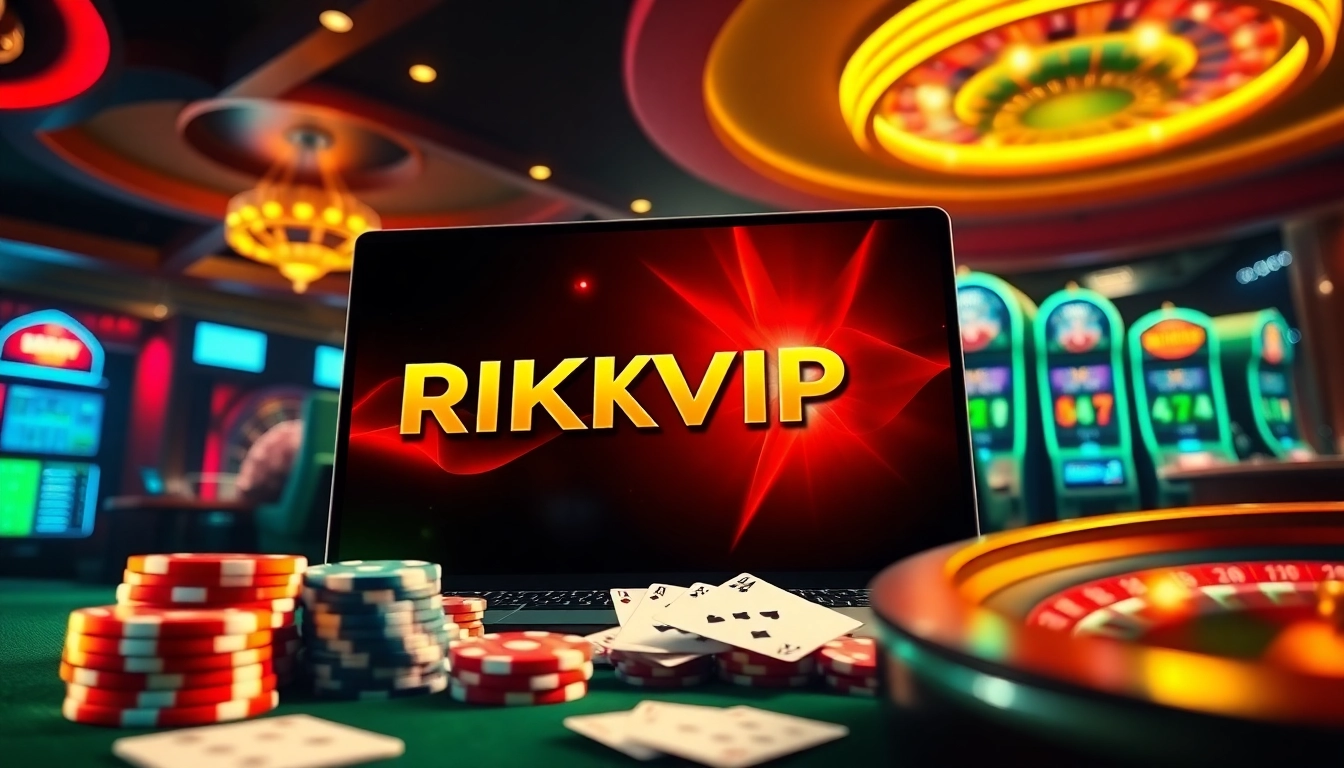 Experience the thrill of RIKVIP online gaming with vibrant casino visuals, poker chips, and slot machines.