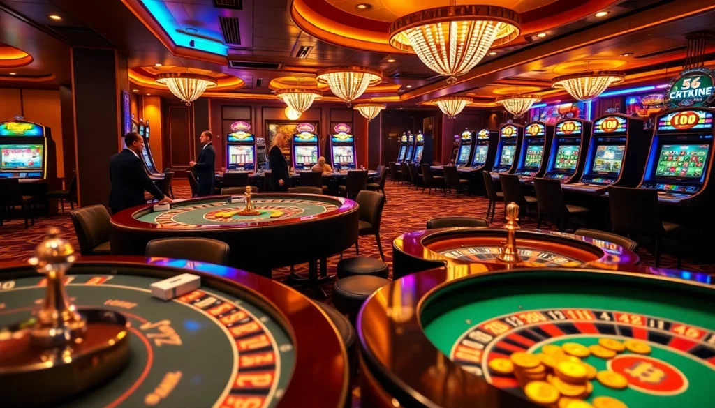 Engaging scene of Bitcoin casinos showcasing luxury gaming tables and modern slot machines.