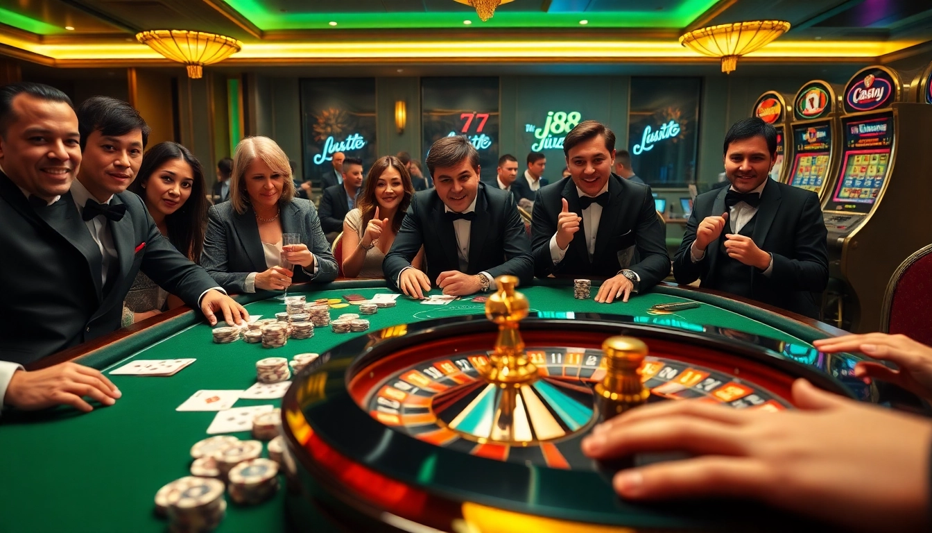 Exciting gambling scene at j88.gives featuring a poker table with vibrant chips, cards, and a roulette wheel.