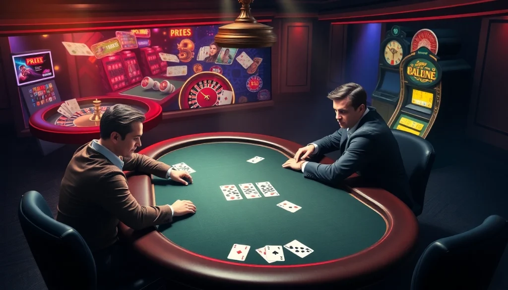 A dynamic gaming scene showcasing a site de pari en ligne with engaging poker action and vibrant gambling elements.