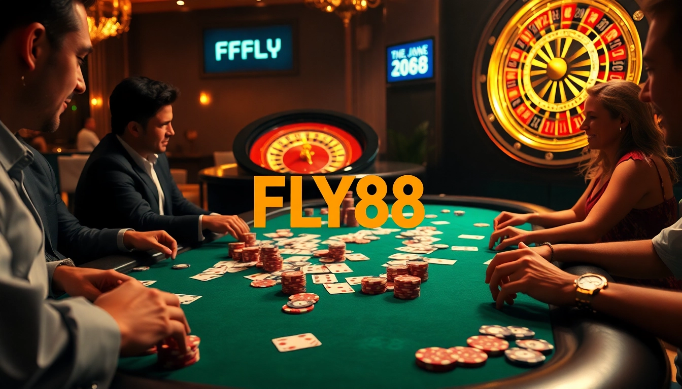 Experience the thrill of high-stakes poker at FLY88 casino with vibrant chips and cards in action.