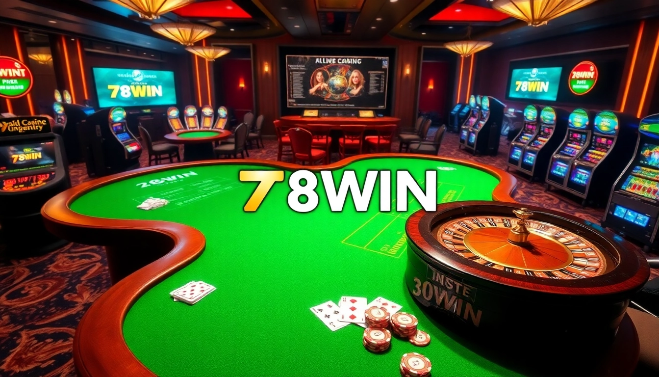 Experience excitement at the 78WIN casino with vibrant roulette wheels and poker tables.