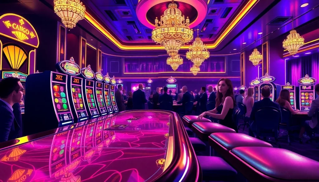 Casino crypto animé avec des tables de jeu de luxe et une ambiance nocturne dynamique.