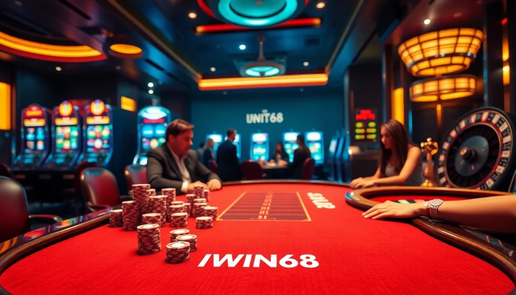 IWIN68 gamers enjoying a high-stakes poker game in a luxurious casino setting.