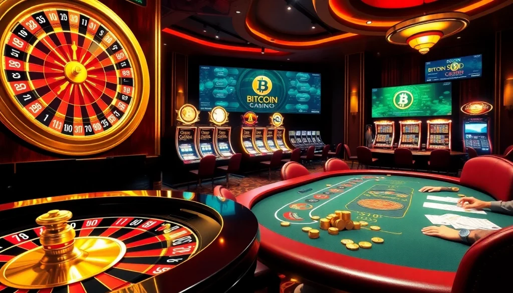 Experience excitement at Bitcoin casinos with players enjoying games at a luxurious casino table.