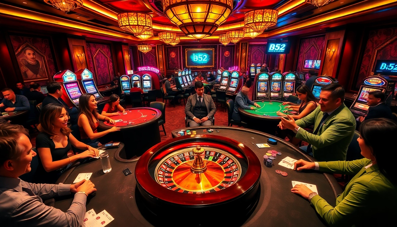 Players enjoying high-stakes poker at B52 Club, surrounded by vibrant casino excitement.